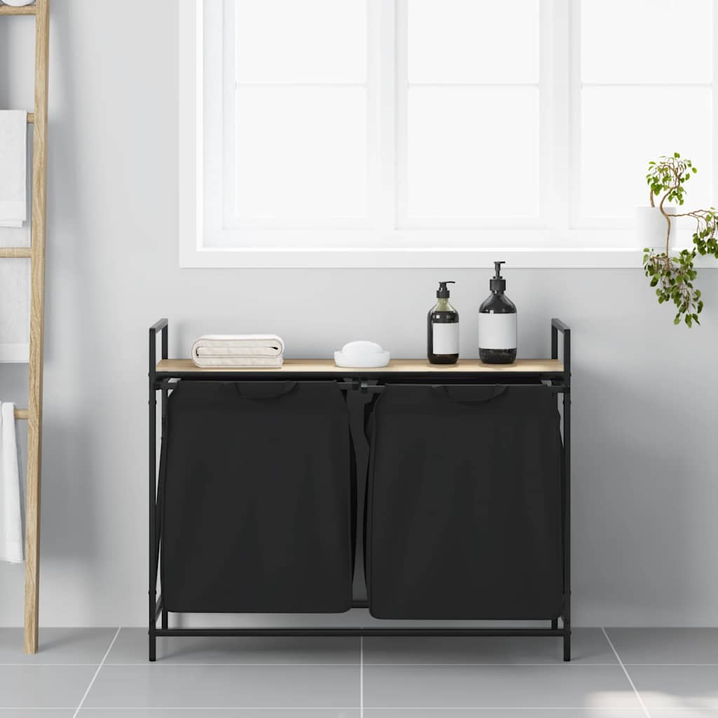 vasketøjskurv 2 rum med hylde sonoma-eg