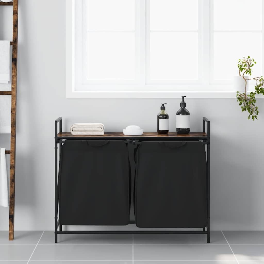 vasketøjskurv 2 rum med hylde røget egetræsfarve