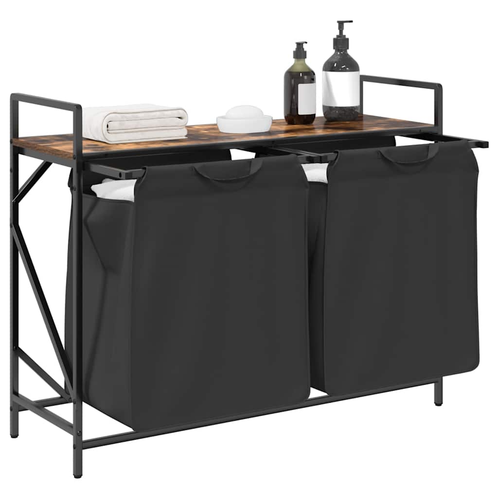 vasketøjskurv 2 rum med hylde røget egetræsfarve