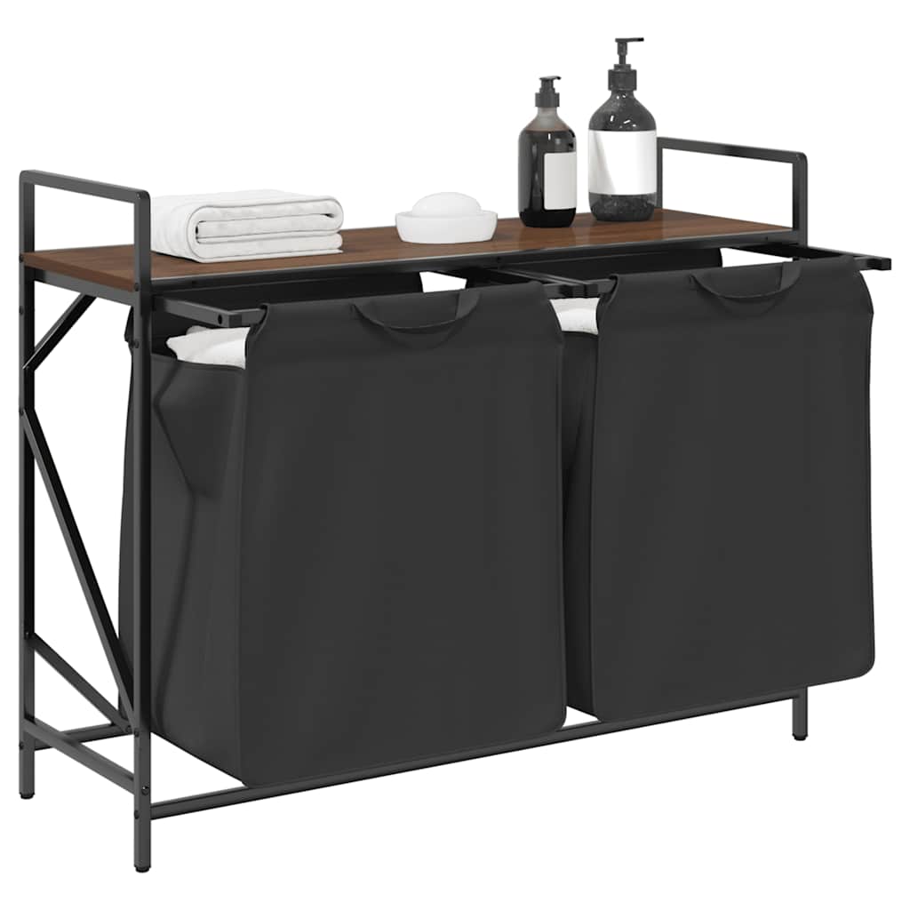 vasketøjskurv 2 rum med hylde brun egetræsfarve