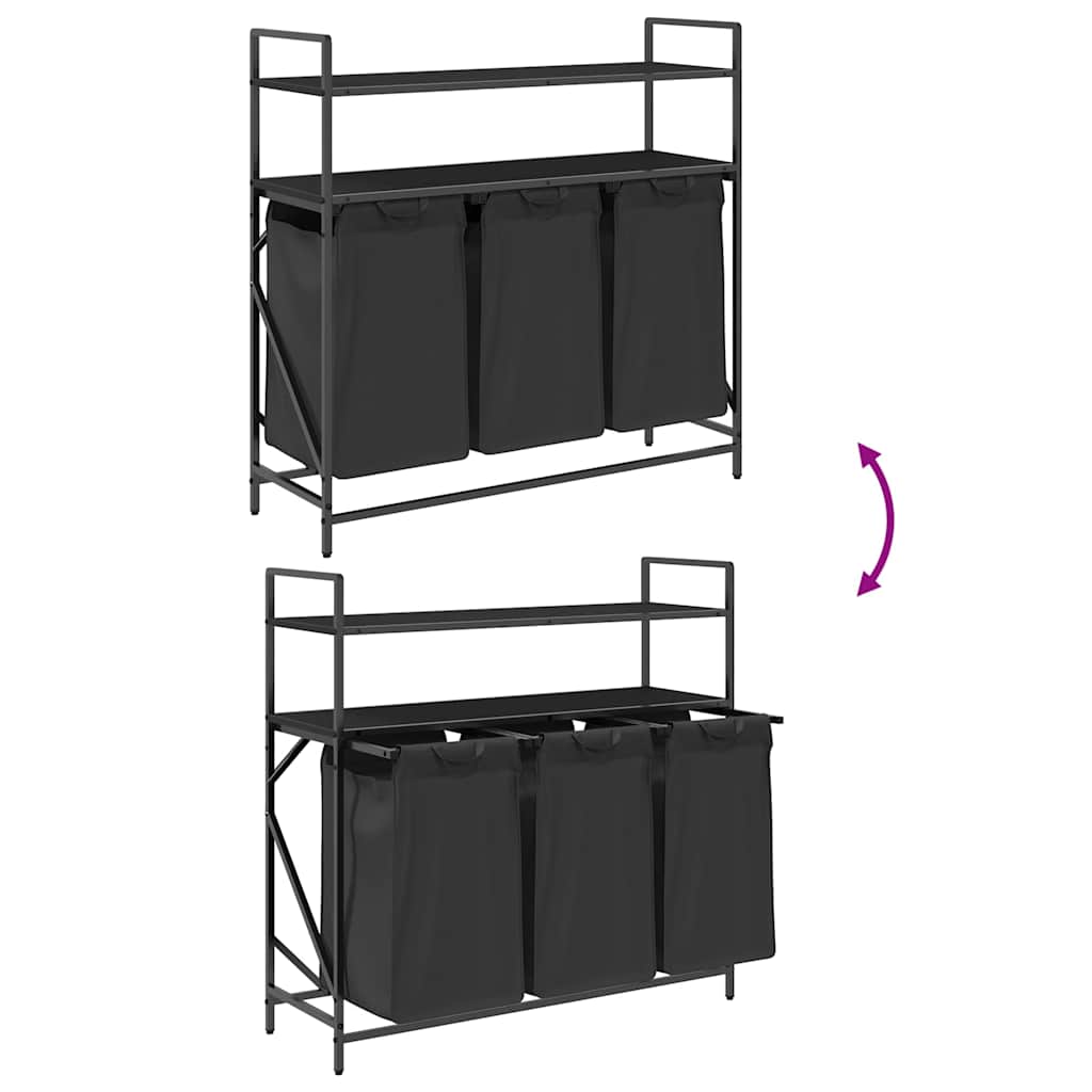 vasketøjskurv 3 rum med hylder sort egetræsfarve