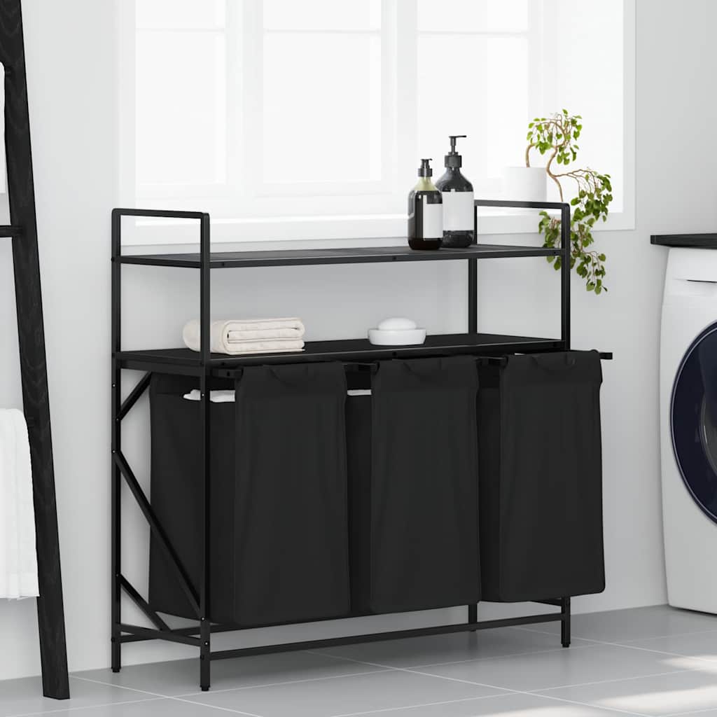 vasketøjskurv 3 rum med hylder sort egetræsfarve