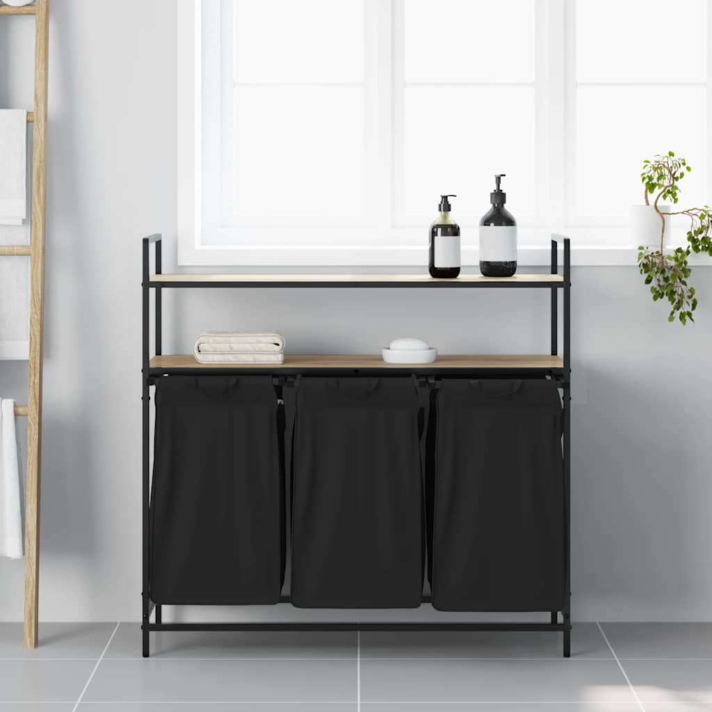 vasketøjskurv 3 rum med hylder sonoma-eg