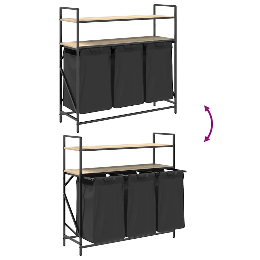 vasketøjskurv 3 rum med hylder sonoma-eg