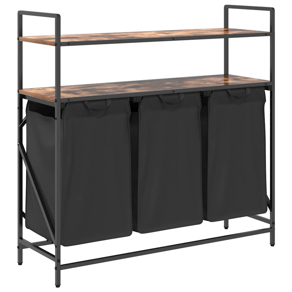 vasketøjskurv 3 rum med hylder røget egetræsfarve