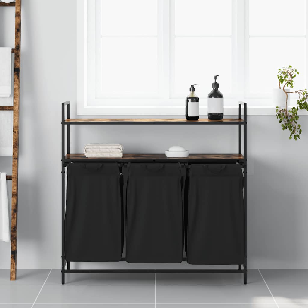 vasketøjskurv 3 rum med hylder røget egetræsfarve