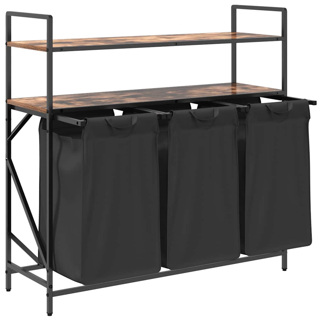 vasketøjskurv 3 rum med hylder røget egetræsfarve