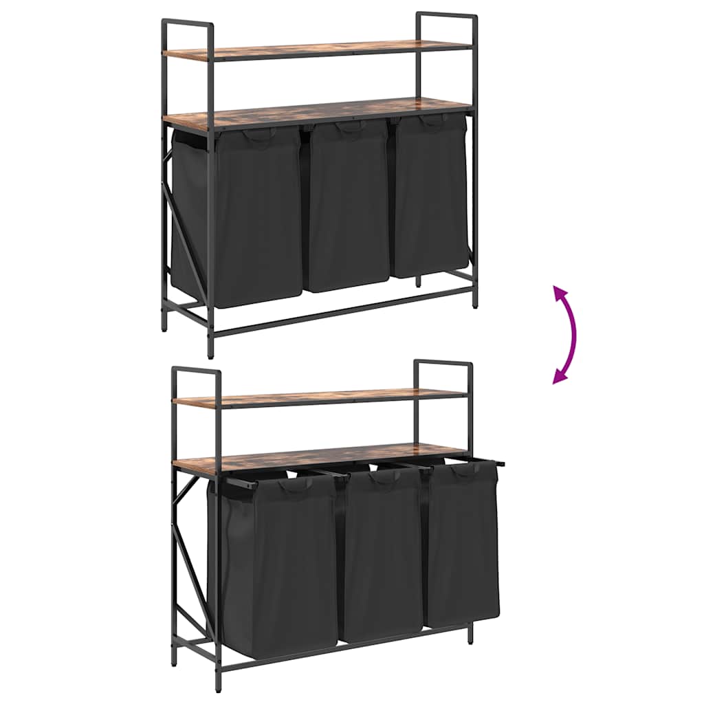 vasketøjskurv 3 rum med hylder røget egetræsfarve