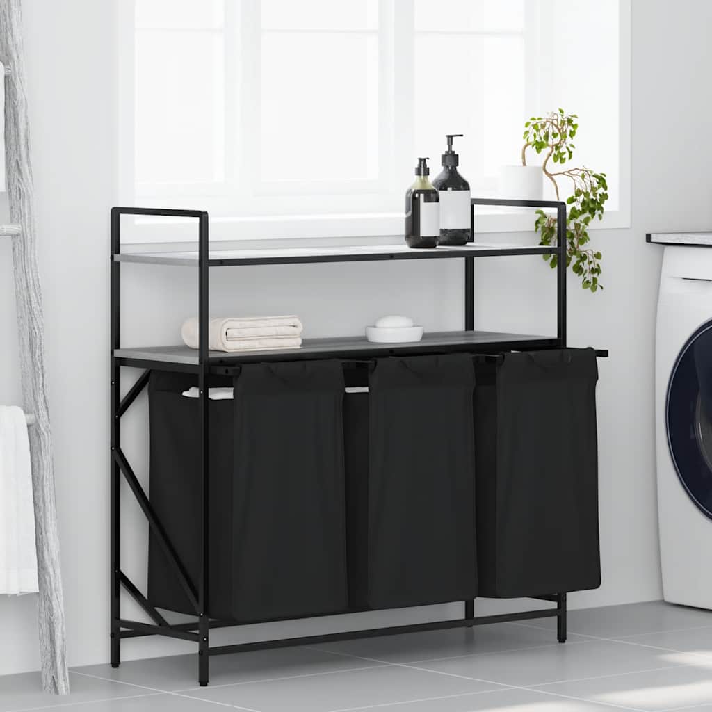 vasketøjskurv 3 rum med hylder grå sonoma-eg