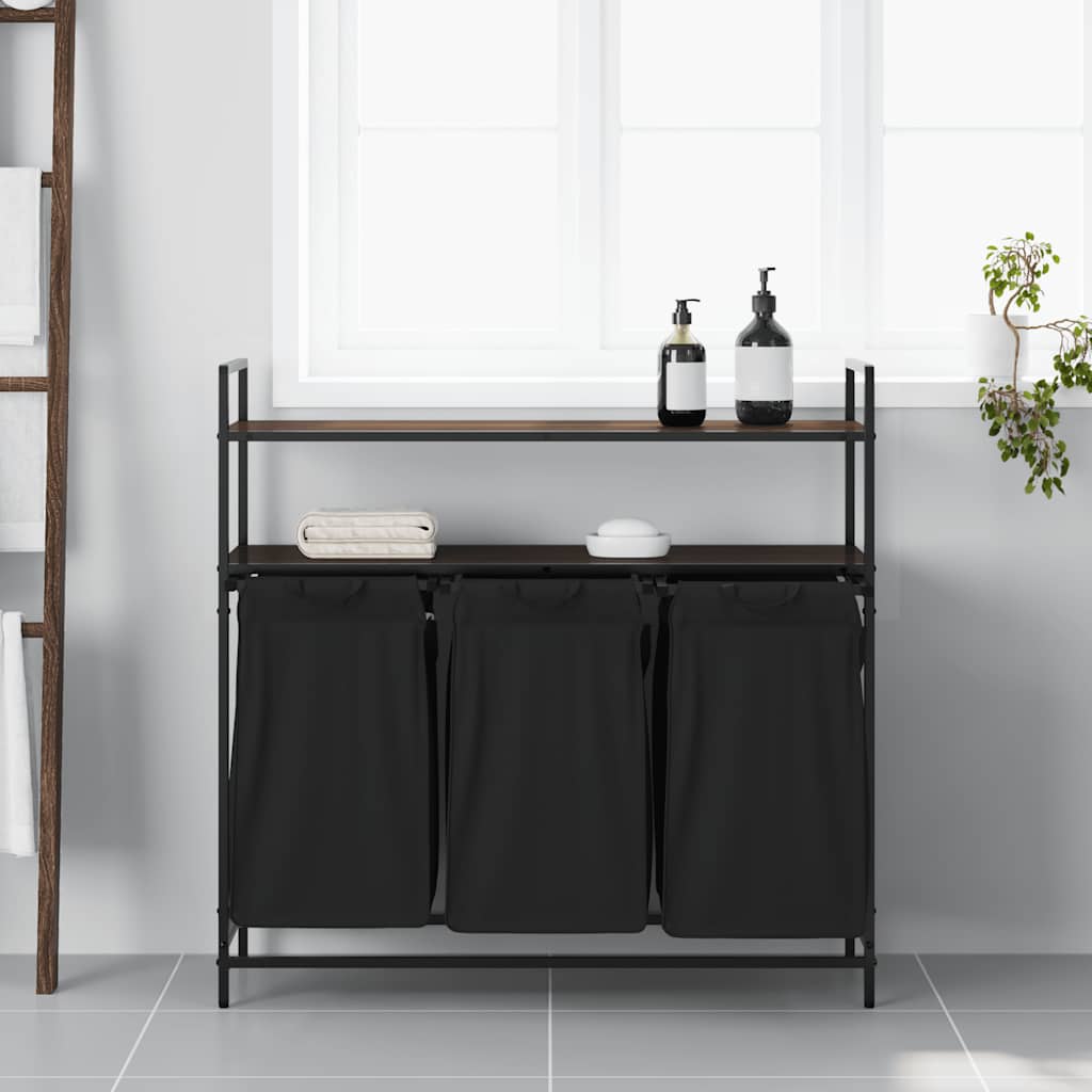 vasketøjskurv 3 rum med hylder brun egetræsfarve