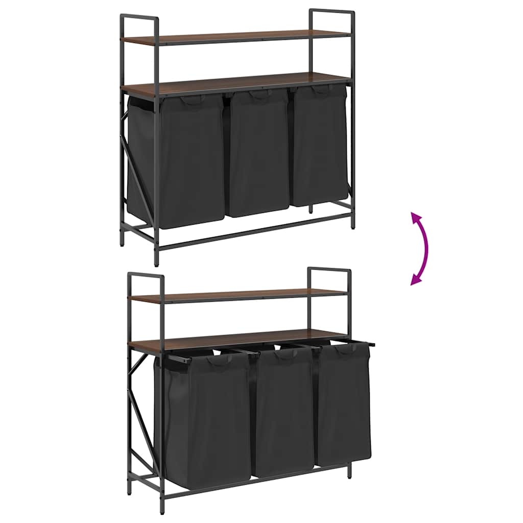 vasketøjskurv 3 rum med hylder brun egetræsfarve