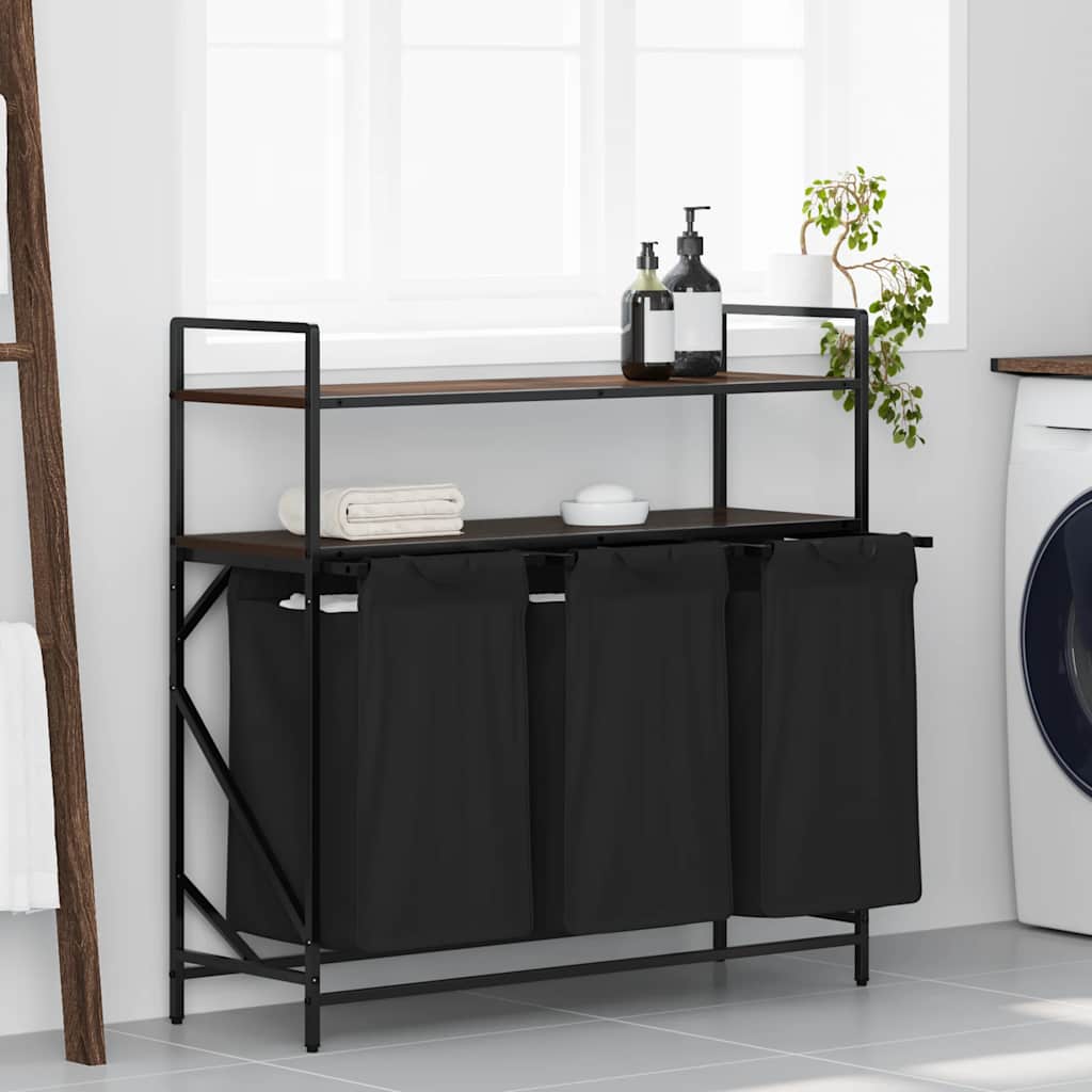 vasketøjskurv 3 rum med hylder brun egetræsfarve