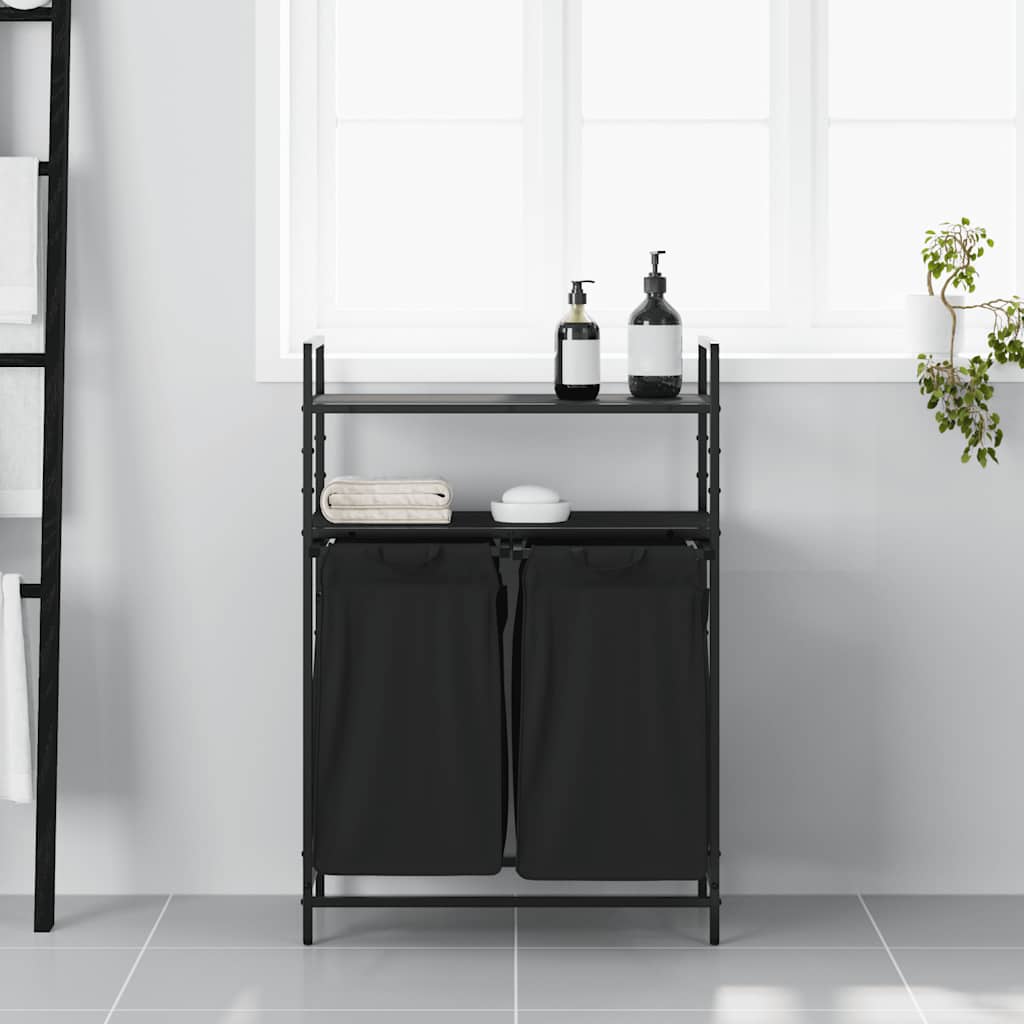 vasketøjskurv 2 rum med hylder sort egetræsfarve
