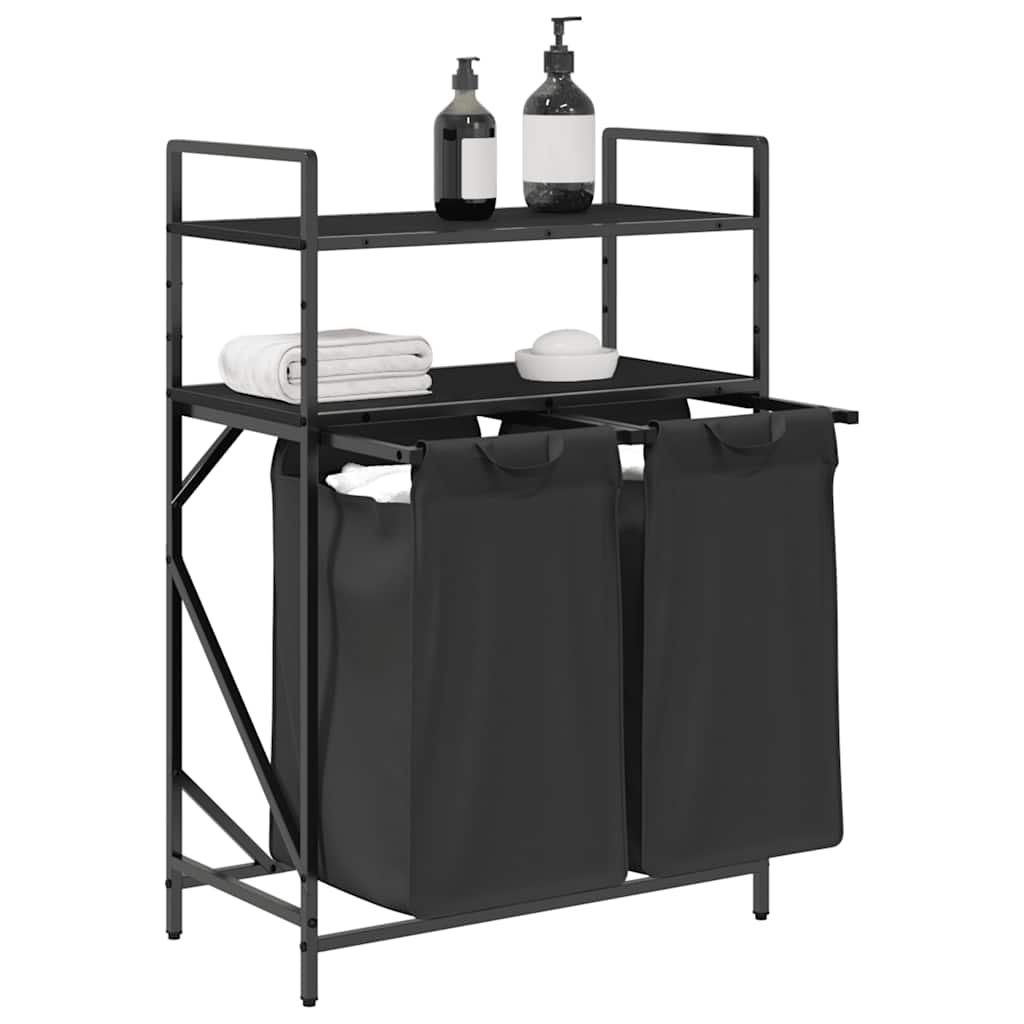 vasketøjskurv 2 rum med hylder sort egetræsfarve