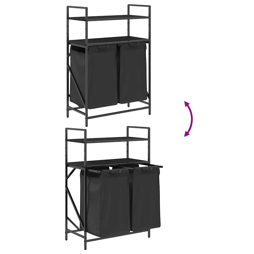 vasketøjskurv 2 rum med hylder sort egetræsfarve