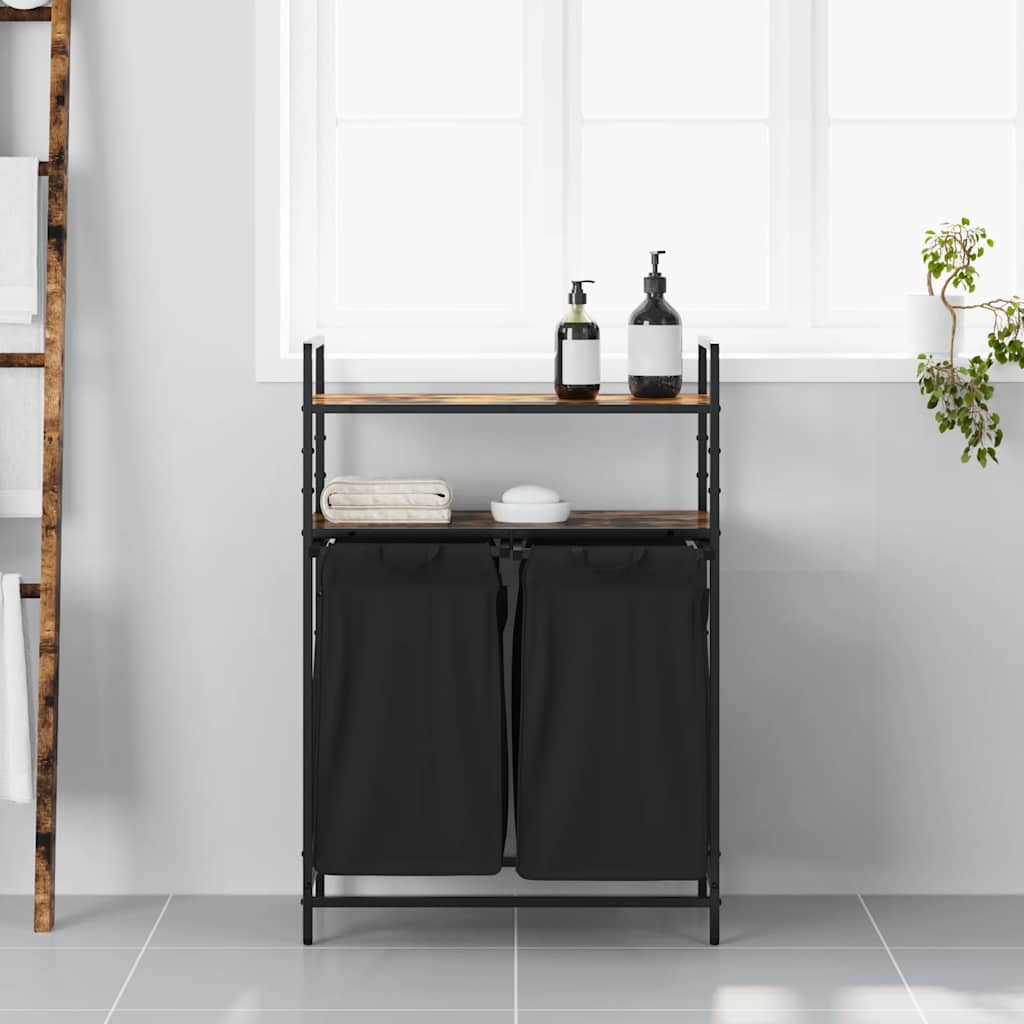 vasketøjskurv 2 rum med hylder røget egetræsfarve