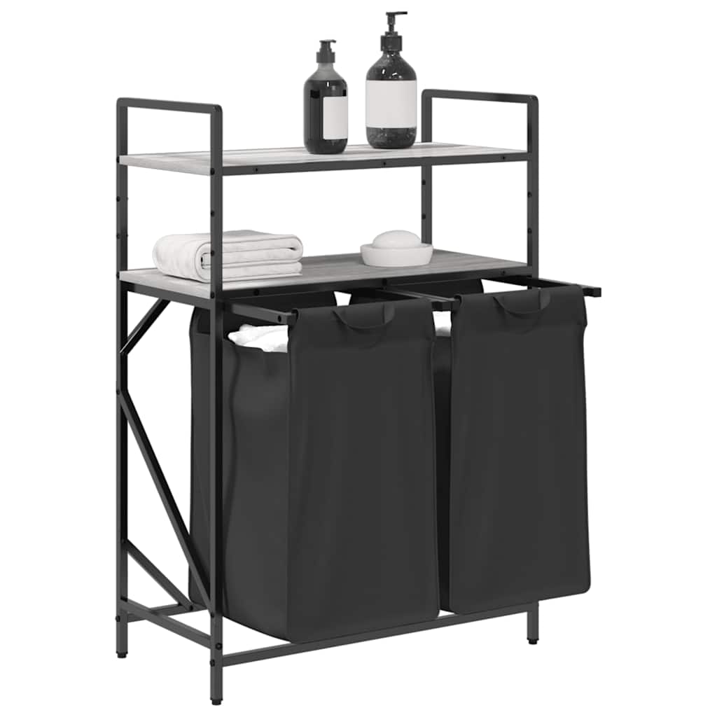 vasketøjskurv 2 rum med hylder grå sonoma-eg