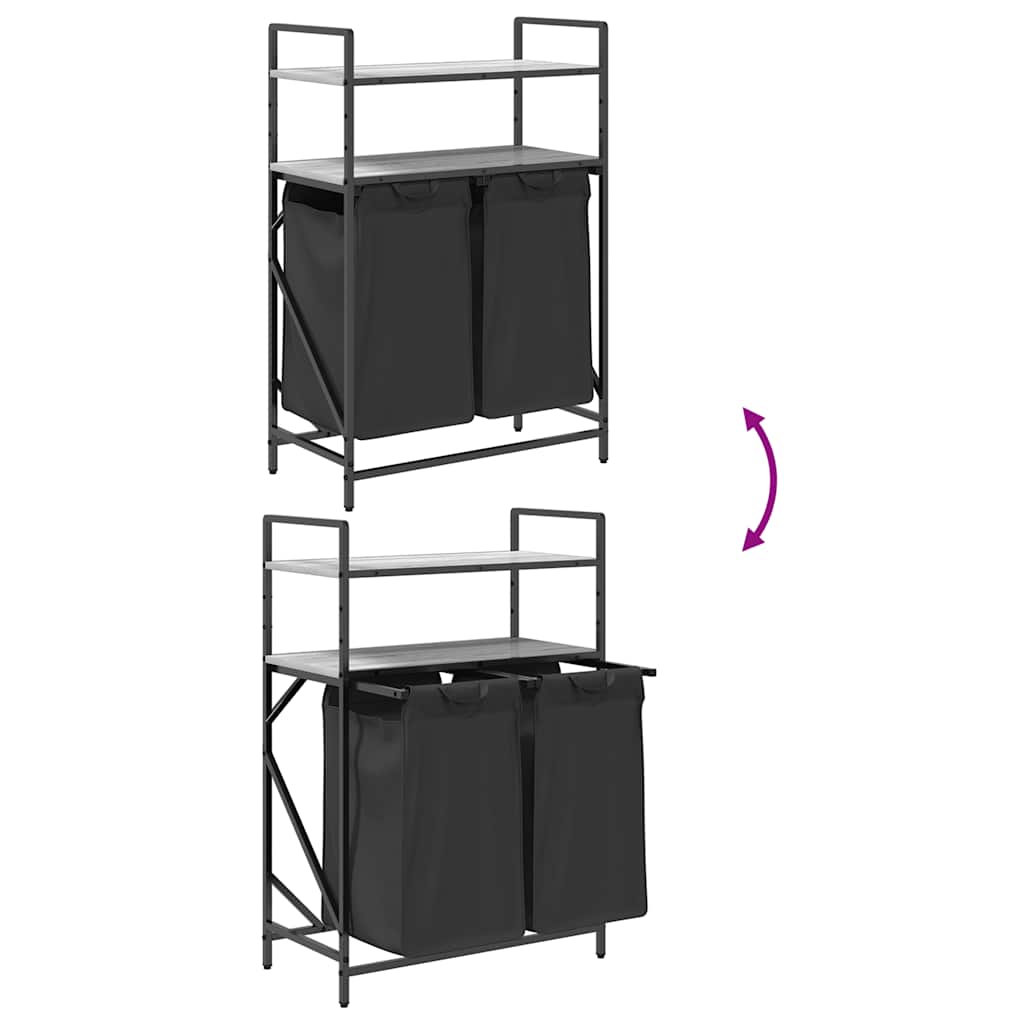 vasketøjskurv 2 rum med hylder grå sonoma-eg