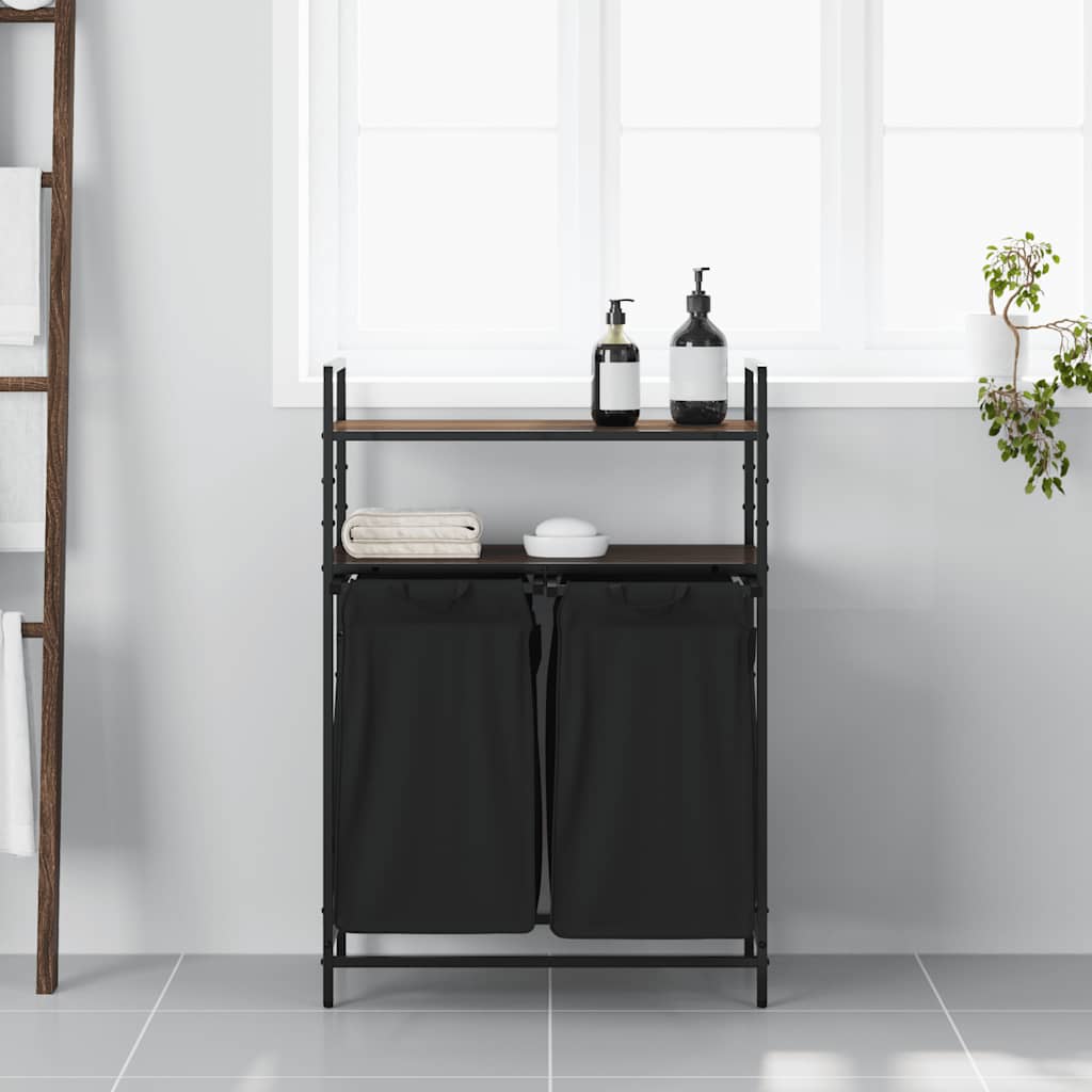 vasketøjskurv 2 rum med hylder brun egetræsfarve