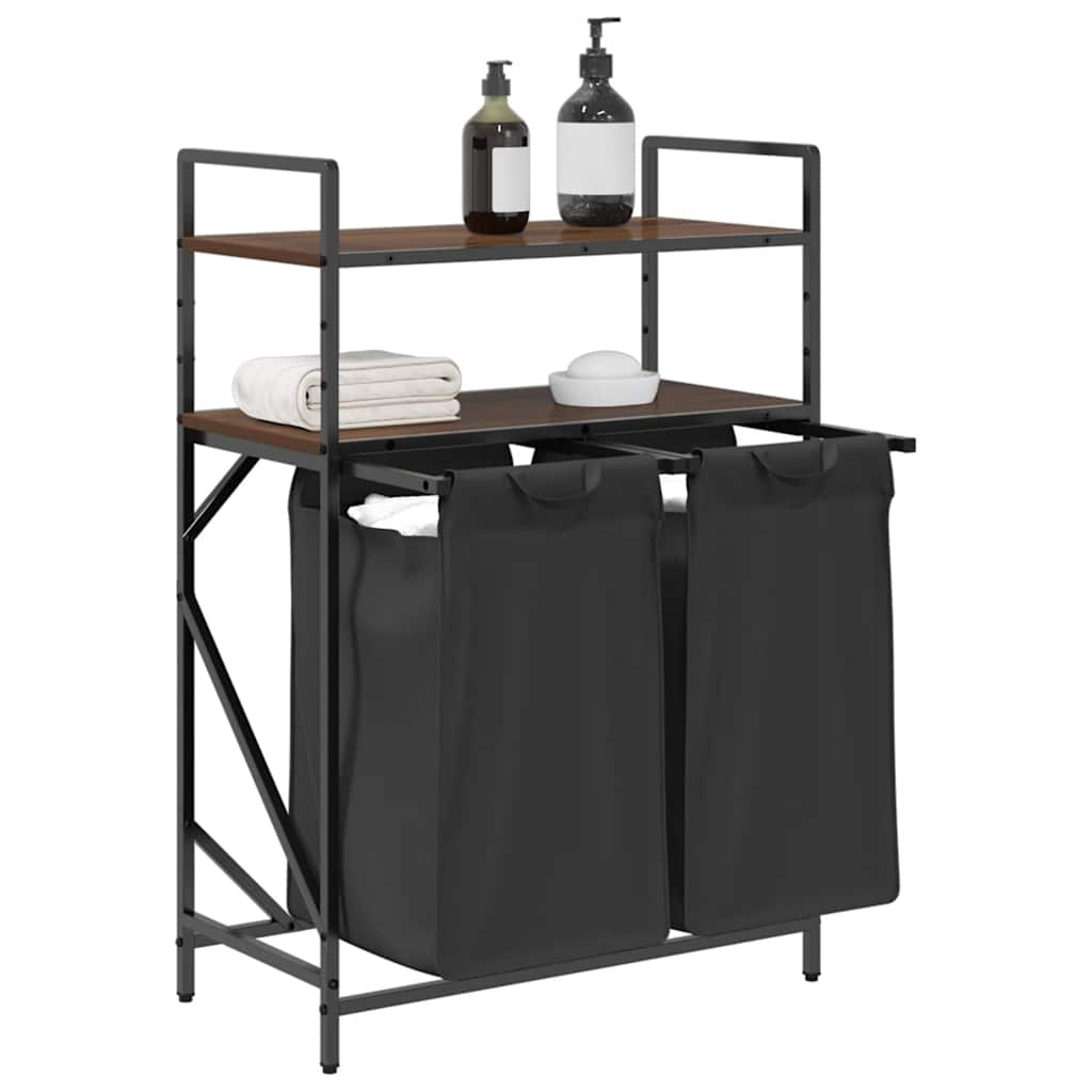 vasketøjskurv 2 rum med hylder brun egetræsfarve