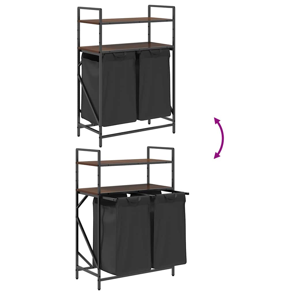 vasketøjskurv 2 rum med hylder brun egetræsfarve