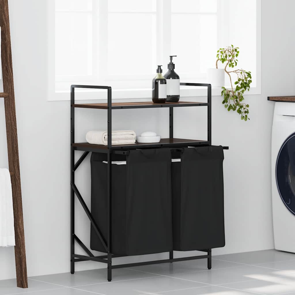 vasketøjskurv 2 rum med hylder brun egetræsfarve