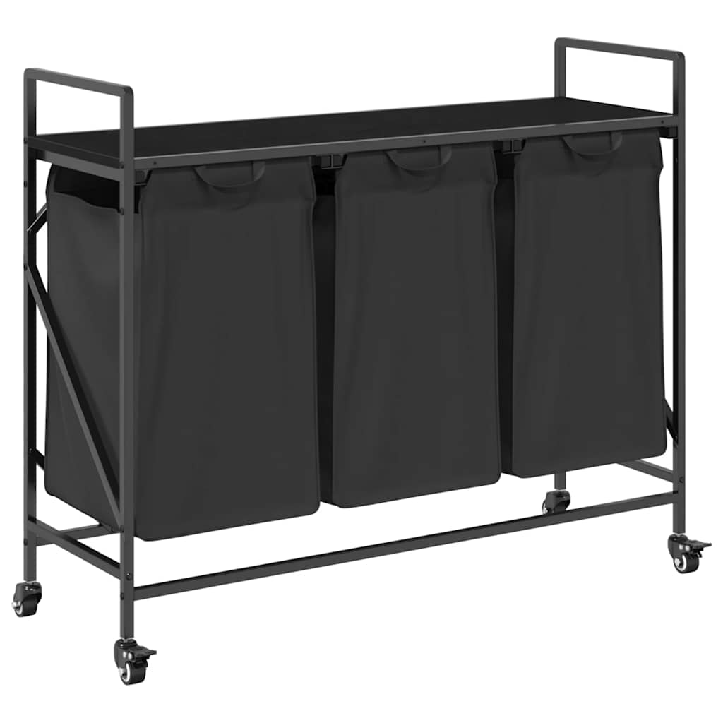 vasketøjskurv 3 rum med hjul sort egetræsfarve