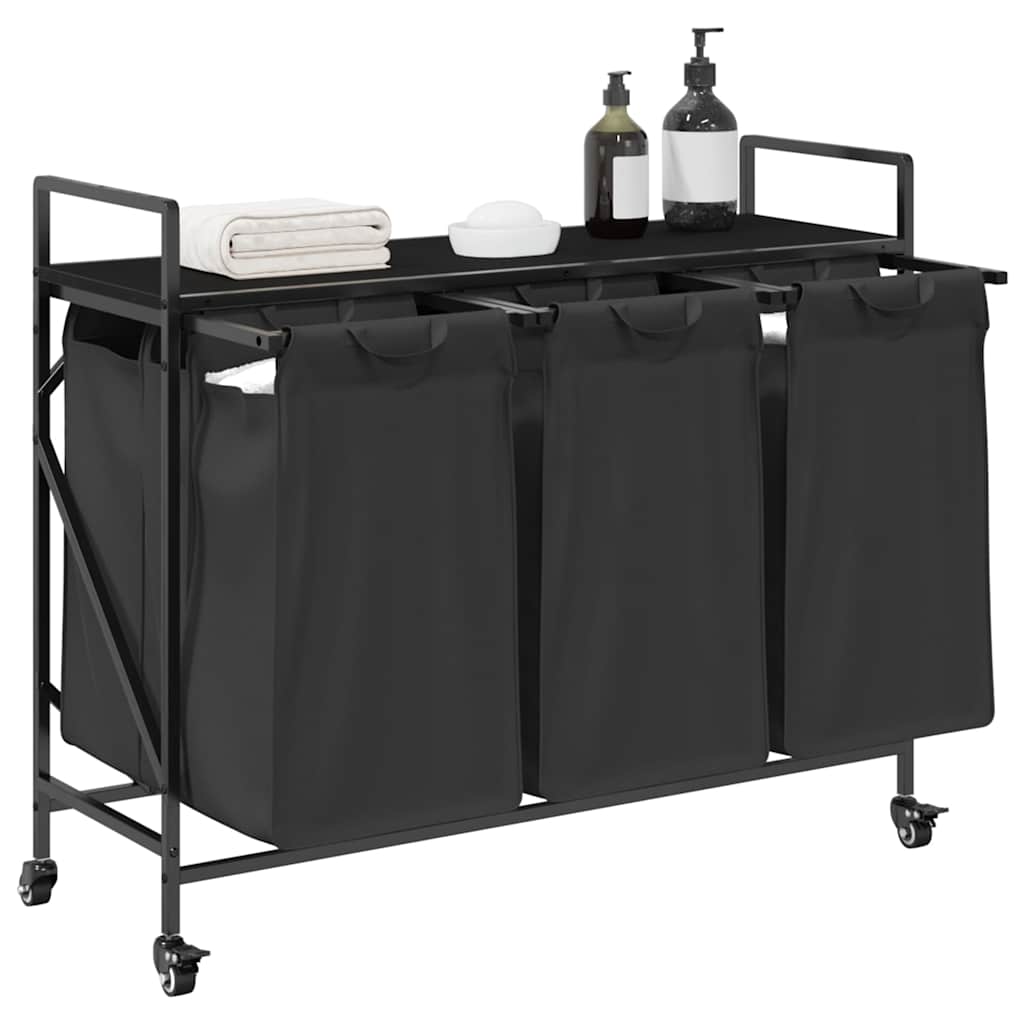 vasketøjskurv 3 rum med hjul sort egetræsfarve