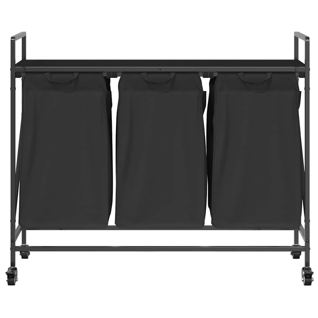 vasketøjskurv 3 rum med hjul sort egetræsfarve