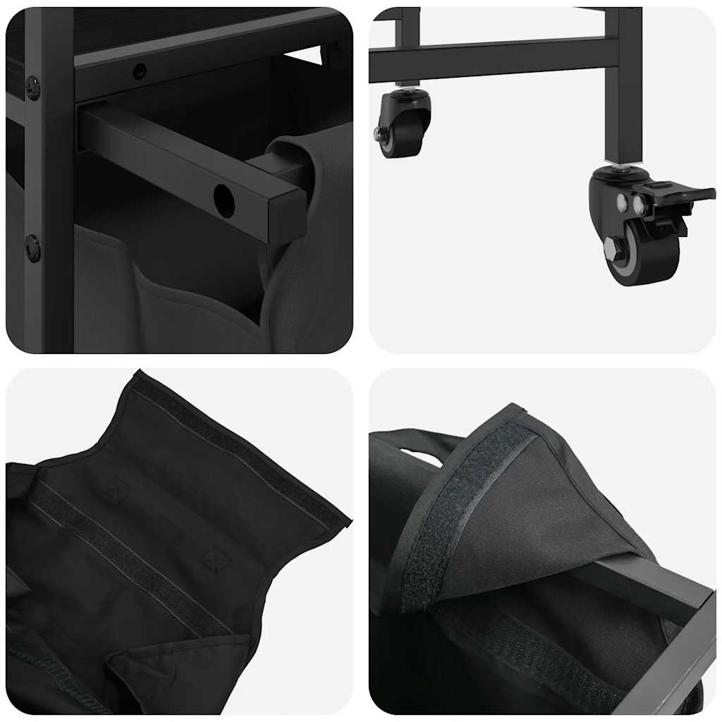 vasketøjskurv 3 rum med hjul sort egetræsfarve