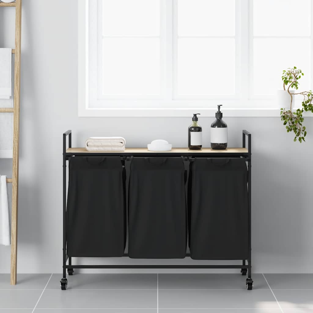 vasketøjskurv 3 rum med hjul sonoma-eg