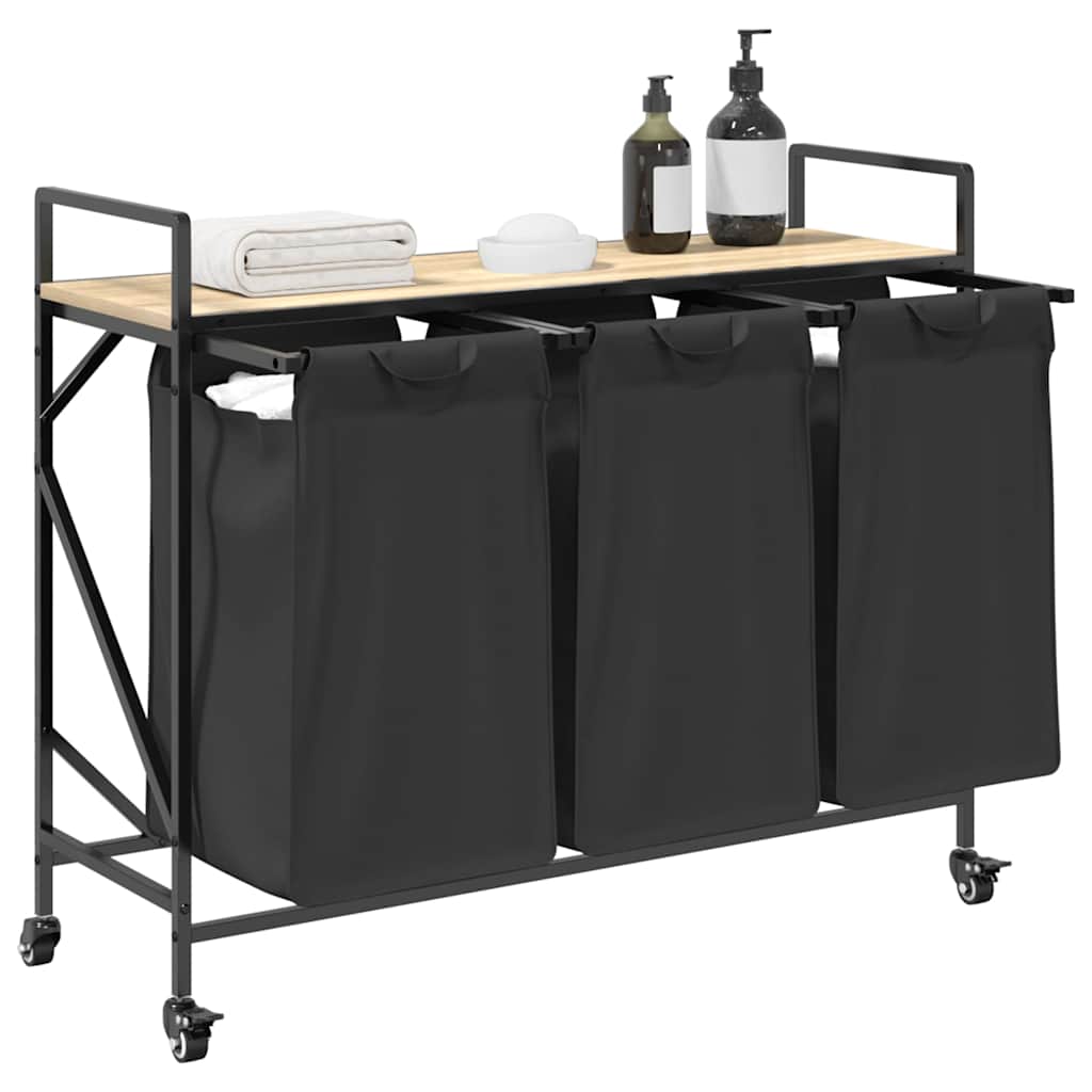 vasketøjskurv 3 rum med hjul sonoma-eg