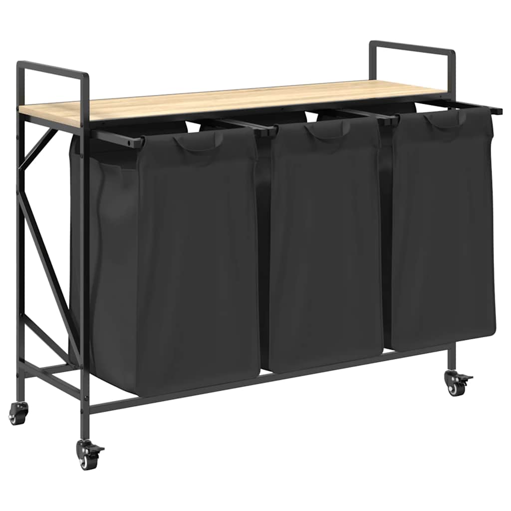 vasketøjskurv 3 rum med hjul sonoma-eg