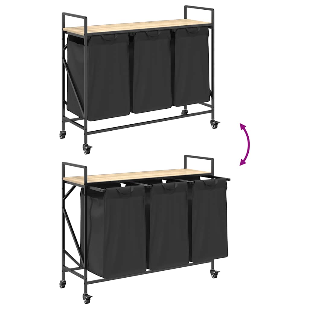 vasketøjskurv 3 rum med hjul sonoma-eg