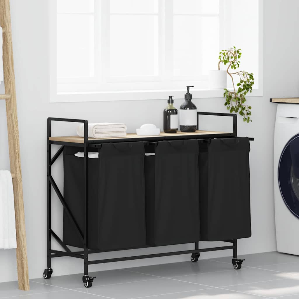 vasketøjskurv 3 rum med hjul sonoma-eg