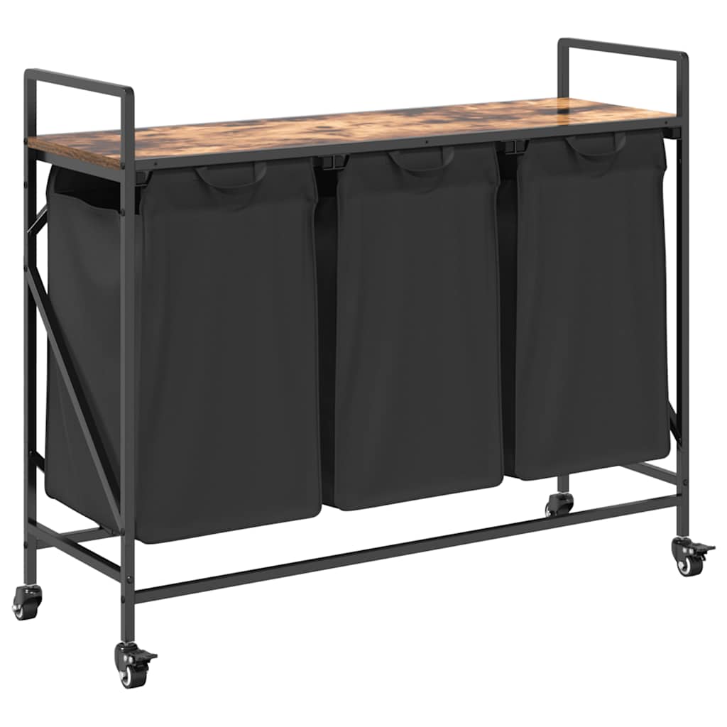 vasketøjskurv 3 rum med hjul røget egetræsfarve