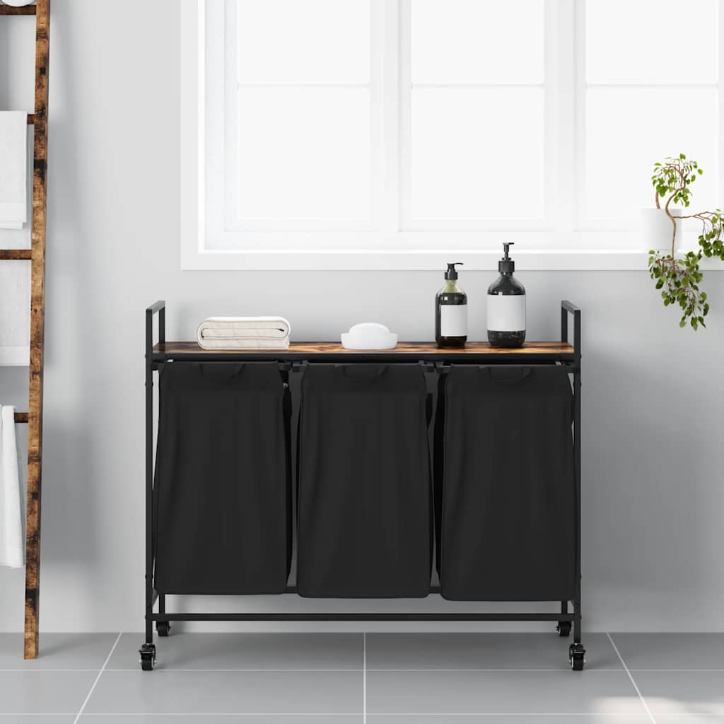 vasketøjskurv 3 rum med hjul røget egetræsfarve