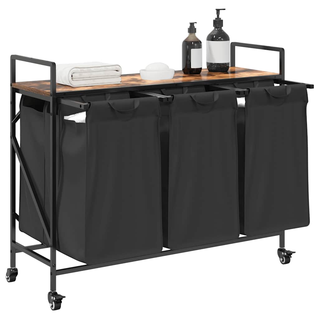 vasketøjskurv 3 rum med hjul røget egetræsfarve