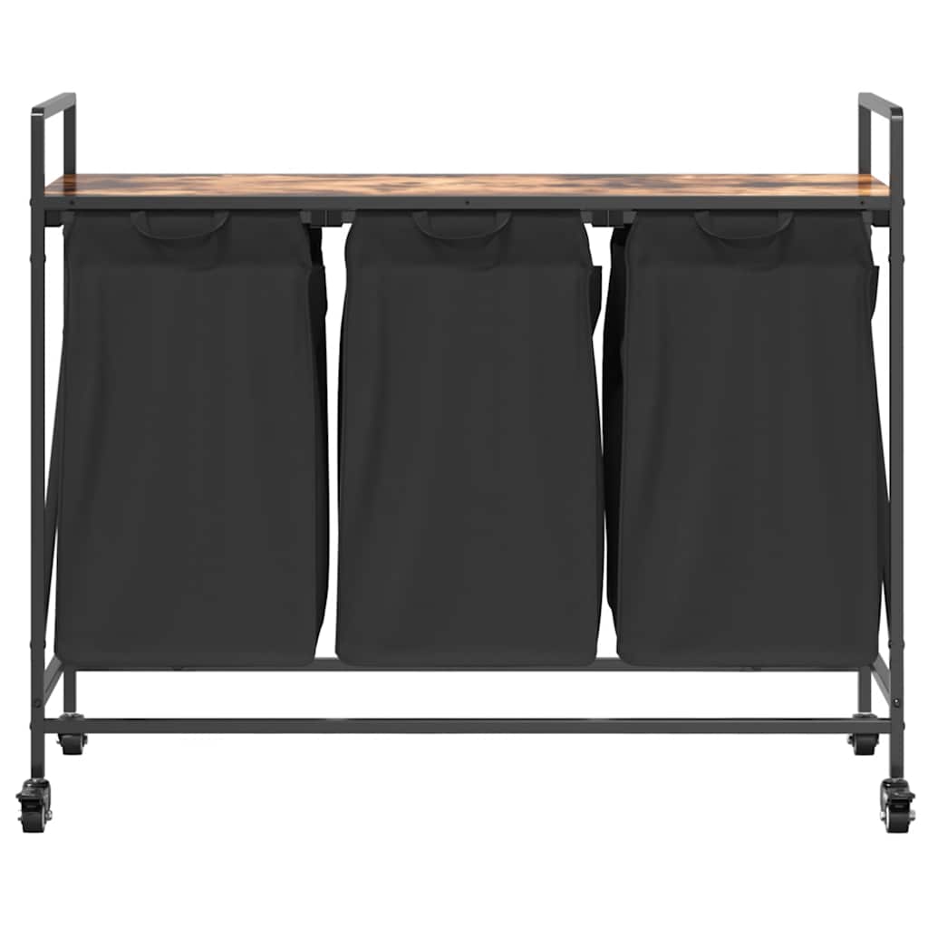 vasketøjskurv 3 rum med hjul røget egetræsfarve