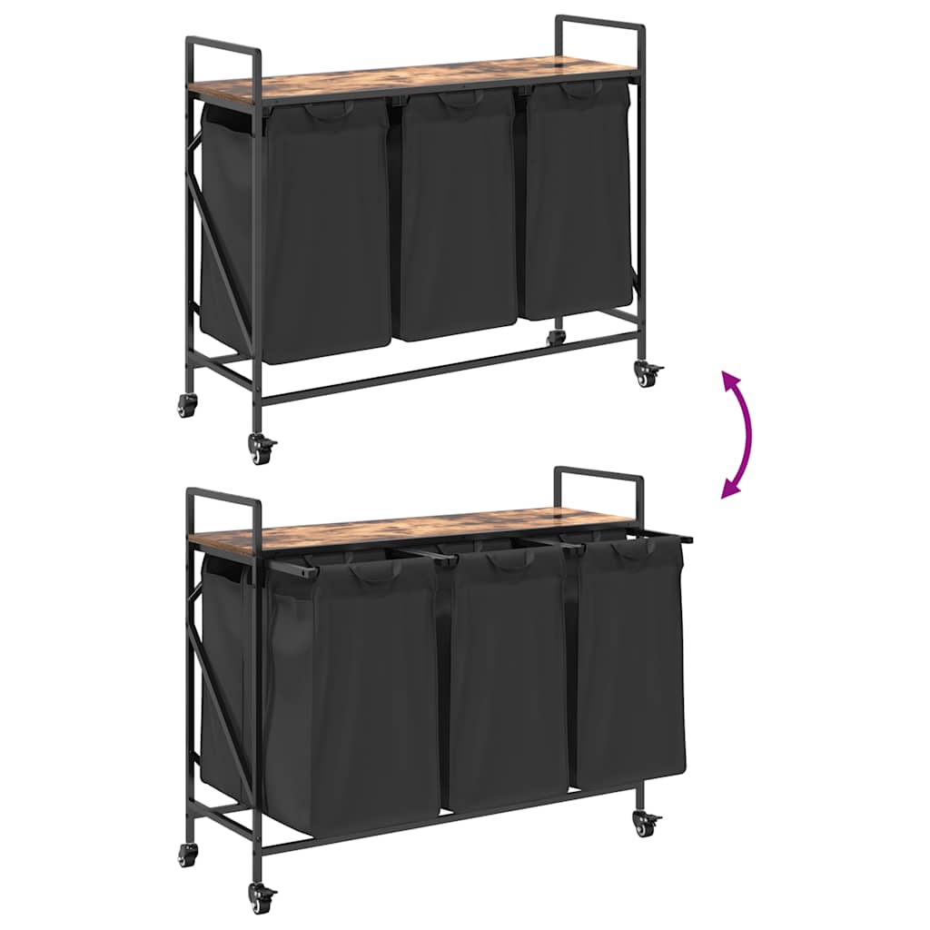 vasketøjskurv 3 rum med hjul røget egetræsfarve