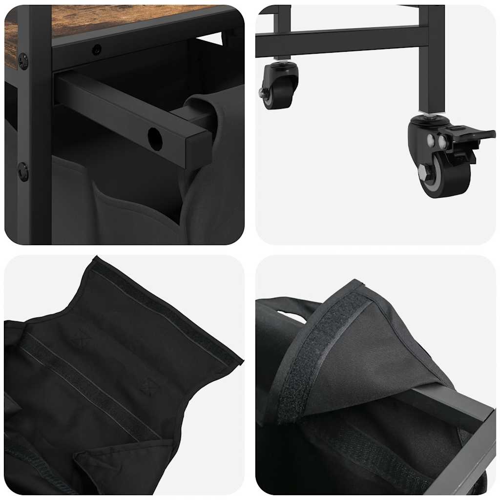 vasketøjskurv 3 rum med hjul røget egetræsfarve