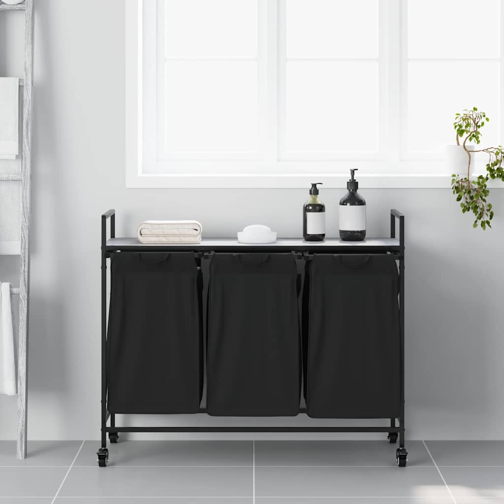 vasketøjskurv 3 rum med hjul grå sonoma-eg