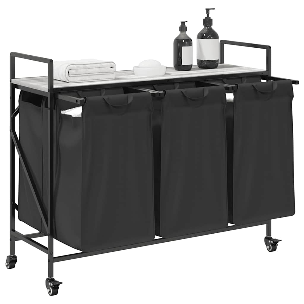 vasketøjskurv 3 rum med hjul grå sonoma-eg