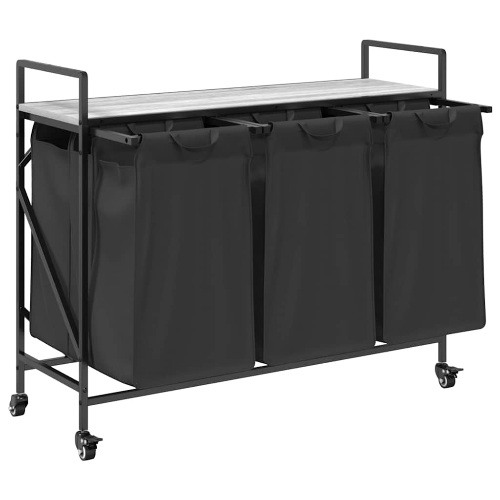 vasketøjskurv 3 rum med hjul grå sonoma-eg