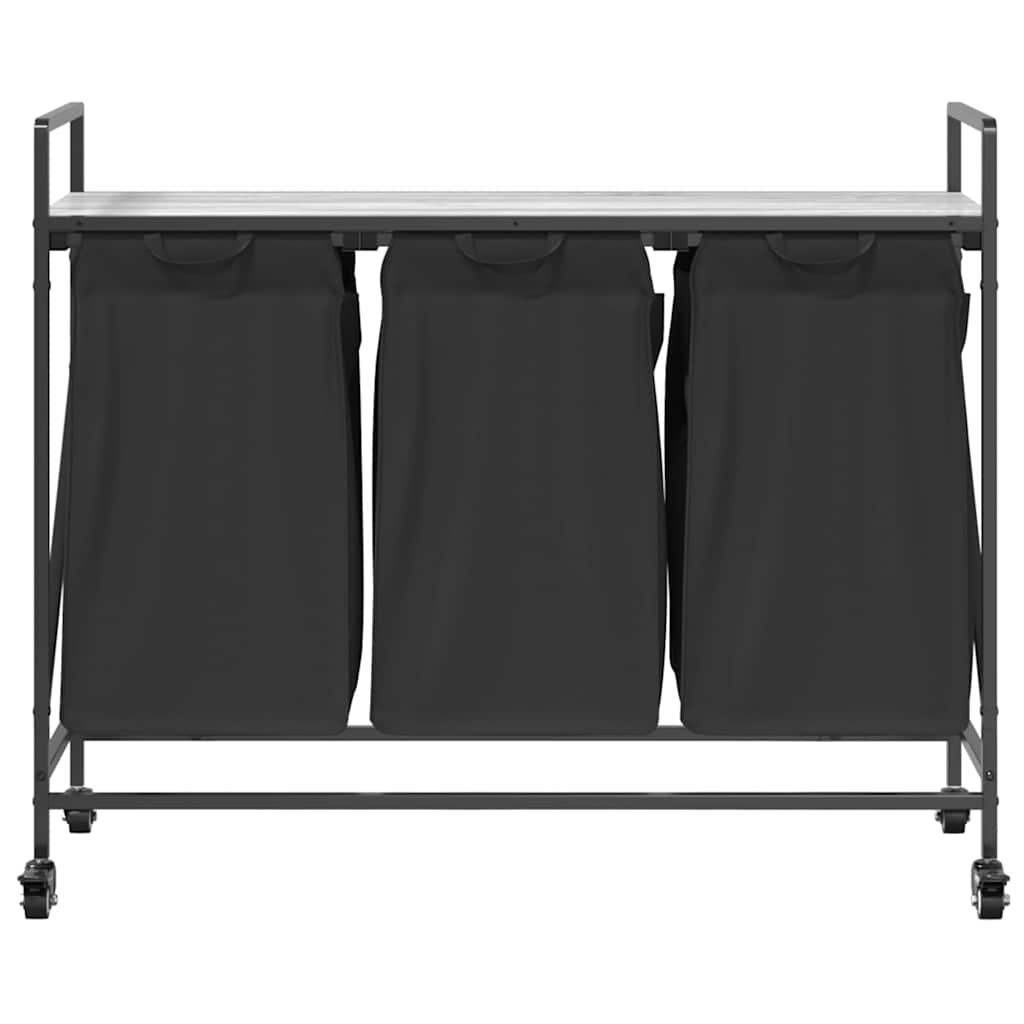 vasketøjskurv 3 rum med hjul grå sonoma-eg