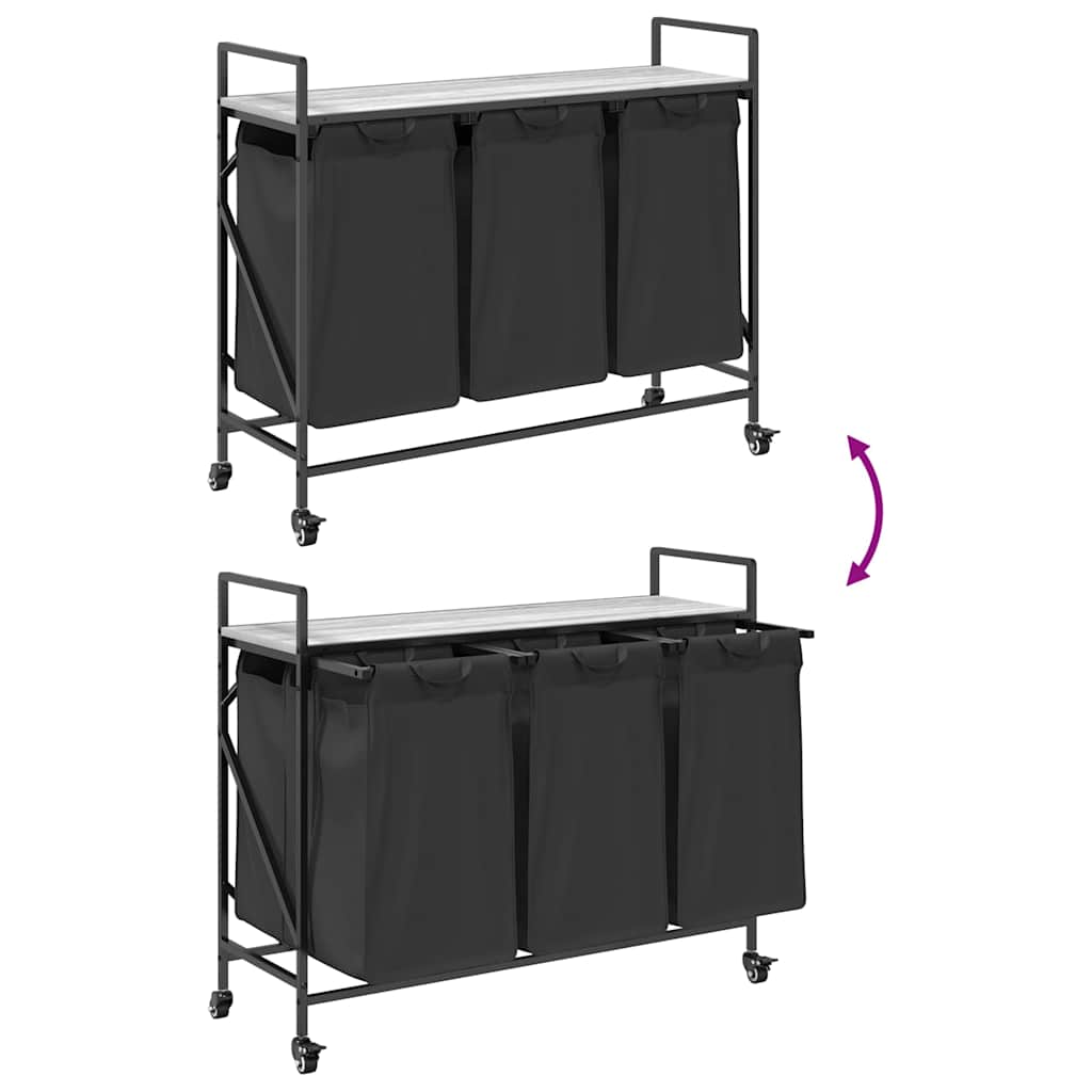 vasketøjskurv 3 rum med hjul grå sonoma-eg