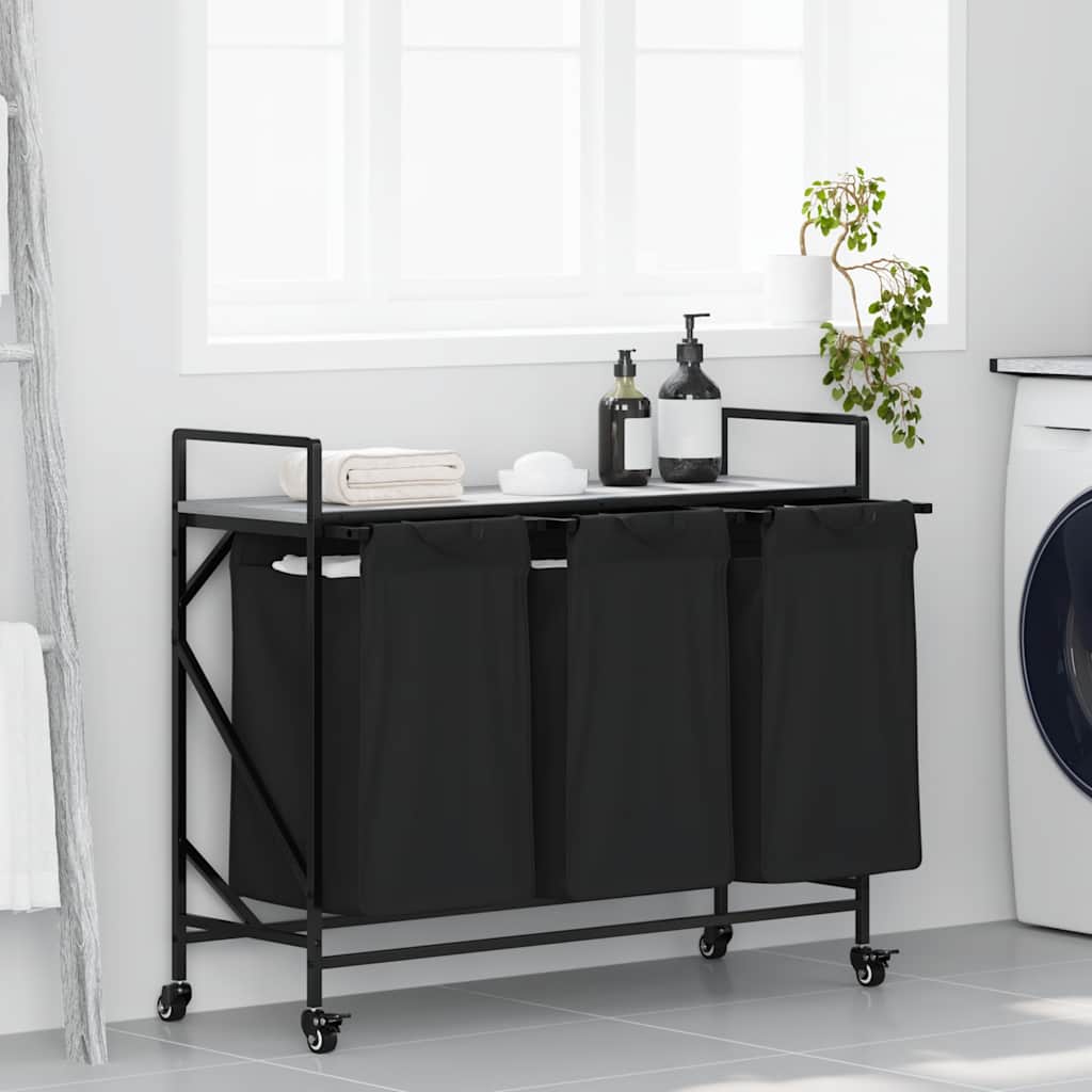 vasketøjskurv 3 rum med hjul grå sonoma-eg