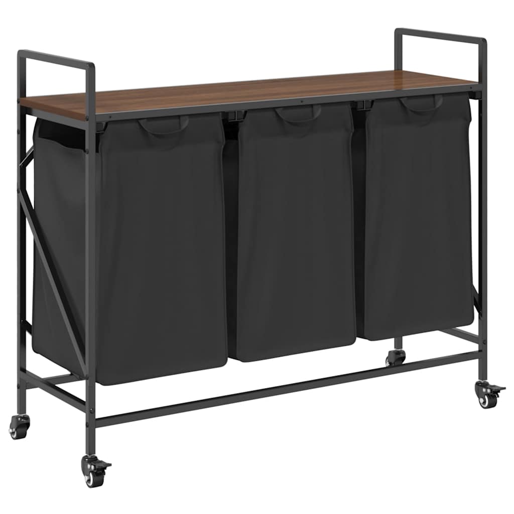 vasketøjskurv 3 rum med hjul brun egetræsfarve