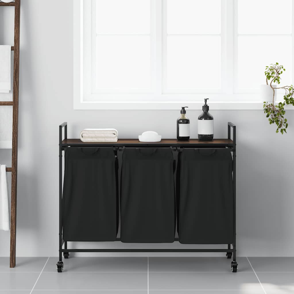 vasketøjskurv 3 rum med hjul brun egetræsfarve