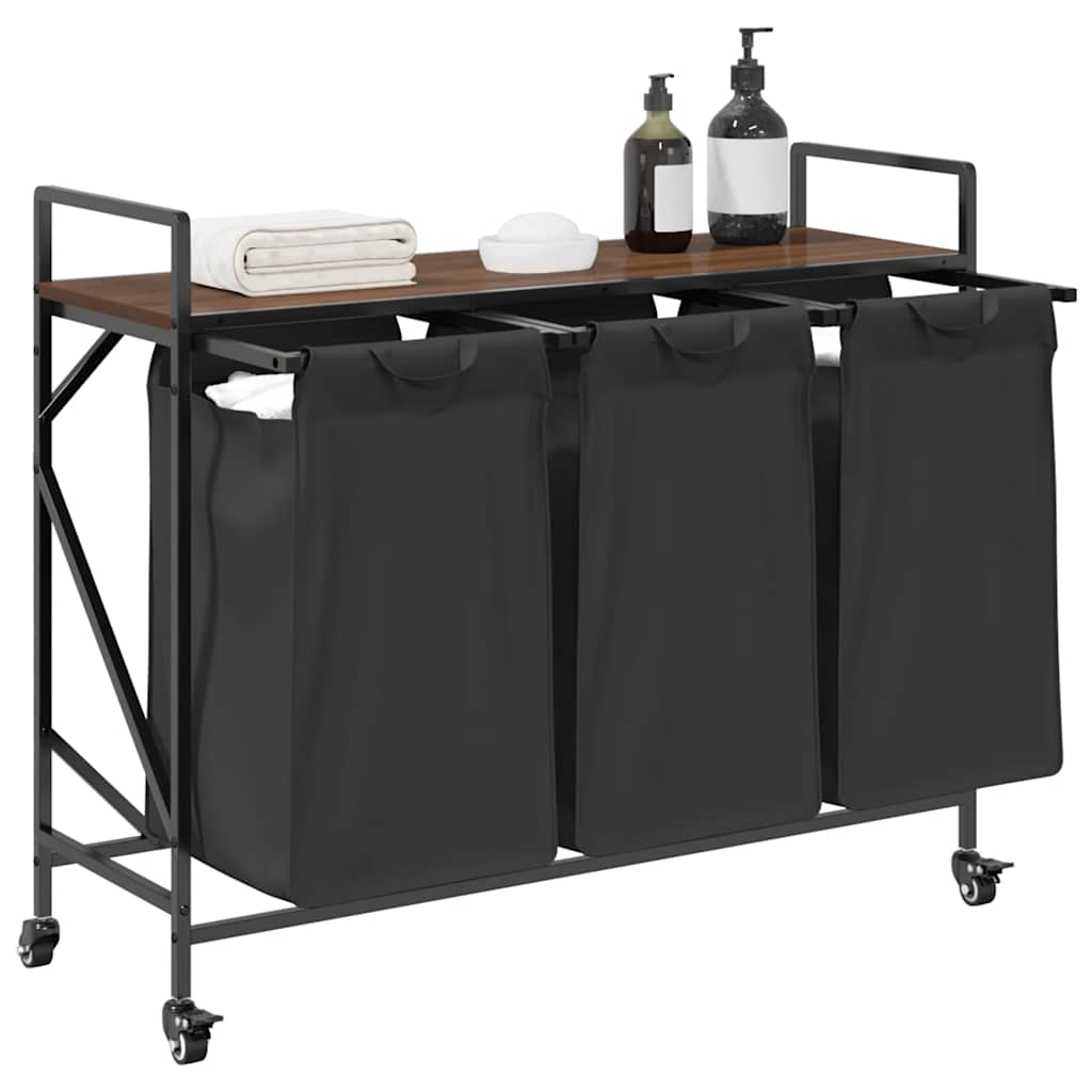 vasketøjskurv 3 rum med hjul brun egetræsfarve